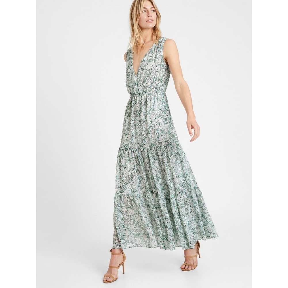 Banana Republic Floral Tiered Sleeveless Maxi Dress Boho Lined Romantic Prairie